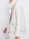 Varey Lin Winter Faux Lamb Leather Jacket Women Faux Leather Lambs Wool Fur Collar Pu Moto Zipper Jacket Warm Thick