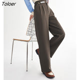 Women Pants 2023 Spring Back Waist Elastic Straight Long Trousers Apricot Coffee Elegant Casual Chic Suit