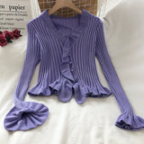 Korean Sweet Summer Cardigans Vintage Office Lady V Neck Flare Long Sleeve Ruffles Sweaters Japanese Knitwear