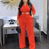 Fall Autumn Long Sleeve Turn Down Collar Lace Up Shirt Top and Wide Leg Pants Two Piece Set Outfits Women