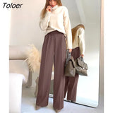 Autumn Office Wide Leg Pants Women Sashes Elastic Waist Pants Elegant Ladies Brown Trousers Solid Korean Palazzo Cozy