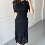 Chic Korean Temperament Slim Sexy Hollow Out Dresses O Neck Short Sleeve Wrap Hip Knitted Dress White Lady Summer
