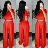 Dropshpping High Quality New Women Two-piece Sets Solid Color Tight Casual Sets Tight Top + Wide Leg Pants