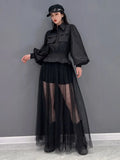 Plain Dress For Women Lapel Lantern Sleeve Patchwork Mesh High Waist Pocket Temperament Long Dresses Female 2023