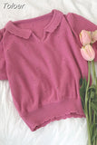 Fashion Women T Shirts Vintage Knit Cropped Sweater Tops Korean Puff Sleeve Woman Tshirts Summer 2023 Femme Ruffles