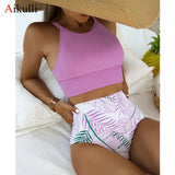 Leaf Print High Waist Bikini Set Swimsuit Women High Neck Tankini Two Pieces Swimwear 2022 Sexy Female Sports Bathing