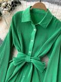 Ruffles Design Autumn Vintage Dress Temperament Lapel Flare Sleeve Senior Single Breasted Women Solid Midi Long