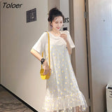Sleeve Dress Women Summer 3XL Loose Mesh Daisy Fake Two Pieces Dresses Sweet Elegant Street Wear Fashion Ulzzang