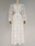 Elegant White Dress For Women V Neck Lantern Sleeve High Waist Cut Out Solid Midi Dresses Female Spring Clothes