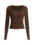 Women Lace Patchwork Ribbed Slim T-shirts Cropped Tops Solid Color Round Neck Long Sleeve Base Tees Shirts Streetwear-Outfit