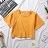 Summer Short Sleeve T Shirts Women Cotton Solid T-shirt O Neck High Waist Crop Top Tee Female Casual Loose T Shirt-Outfit