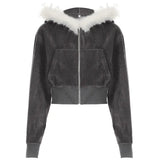 Spliced Zipper Hooded Jacket Woman 2025 Autumn And Winter Retro Letter Embroidery Short
