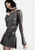 Cyber Y2k Skull Print Black Mesh Sheer Long Sleeve Top Gothic Clothes Women Street Style Graphic Tshirt