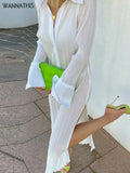 Turn Down Collar Midi Dress Folds Split Button Casual 2021 Autumn Long Sleeve Elegant Sexy Vintage Chic White