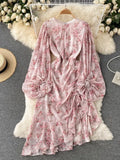 Autumn Bohemian Women Floral Drawstring Irregular Dress Female Elegant O-Neck Puff Sleeve Ruffle Vestidos Elegant Draped