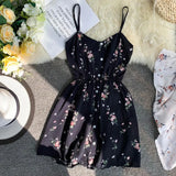 VAREY LIN Summer Spaghetti Strap Beach Playsuits Women Single Breasted V-neck High Waist Floral Sweet Wide Leg