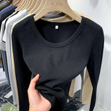 Long-Sleeved T-Shirt Slim And Slim In Autumn And Winter With Threaded Design Feeling Bottomed Blouse Women's Low-Collar Unique Blouse-Outfit