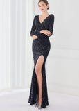 Winter Elegant Deep V Neck Long Sleeve Slit Cocktail Eevening