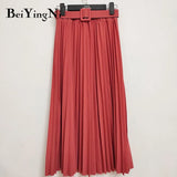 Korean Style Pleated Midi Skirt Women Casual New Fashion High Elastic Waist Skirts Black Pink Elegant Skirt Belt