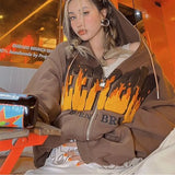 Y2K sweatshirt Winter Jacket Clothes Brown Zip Sweatshirt Oversized Hoodie Women's Retro Pocket Long Sleeve Pullover