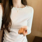 Round Collar Solid Color Elastic Long-Sleeved T-Shirt Women's Autumn And Winter New Basic Inner Bottom Top-Outfit