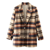 Vintage Plaid Printed Blazer Suits Women Notched Collar Long Sleeve Coats Elegant Single Breasted Outwear Tops