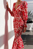Elegant Red Floral V-Neck Puff Sleevemermaid Midi