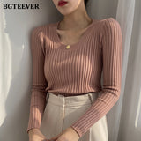 Autumn Deep O-neck Women Basic Slim Warm Knitted Tops Casual Skinny Stretch Long Sleeve Female Pullover Sweaters