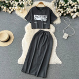Women Casual Fashion Two Pieces Suits Print Short Sleeve T Short+Split Mid Long Skirt Suits Female Summer Vinage