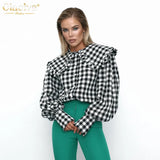 Fashion Woman Blouses 2022 Autumn Doll Collar Long Sleeve Office Lady Shirts Elegant Loose Lattice Tops Female