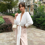 Sexy White Lace-Up Women's Blouse Summer Casual Long Sleeve Shirts Elegant Slim Vacation Tops Female Clothing