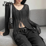 Y2k Grunge Black Sweater for Women Sexy Hollow Out See Through Drawstring V Neck Long Sleeve Top Fall 2023
