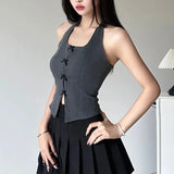 y2k Grey Sleeveless Slim Split Vest Women Bow Stitched Halter Tank Top Chic Fashion Crop Tops 90s Vintage Clothes-Outfit