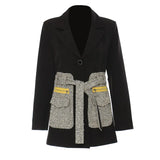 Women Black Tweed Pocket Elegant Long Blazer New Lapel Long Sleeve Loose Fit Jacket Fashion Spring Autumn 2023