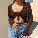 Solid Wrap Tie Front Top Women Cardigan Long Sleeve Blouses Shirt Autumn Fashion Cropped Tops Slim