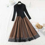 VAREY LIN New Autumn Women Knitted Tulle Patchwork Dresses Elegant Long Sleeve Polka Dot A Line Black Slim