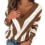 Womens Fashion Long Sleeve V Neck Striped Knitting Casual Tunic Blouse Sweater Suter Trui