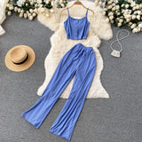 Split Women Set Casual Solid Summer 2022 Fashion Strap Camisole Elastic Waist Drawstring Wide Leg Pants Two Piece