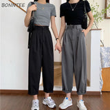 Women High Waist Solid Simple Wide Leg Trousers Loose Casual Soft Korean Style Womens All-match Kpop Office Ladies