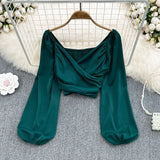 Fashion V-Neck Folded Collared Collared Collared Long-Sleeved Sleeve Cover Female Chic Short-Term Navel