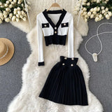 Korean Style Panelled Knitted Two Pieces Suits V Neck Mini Knitwear Tops+High Waist Pleasted Short Skirts Female