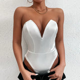 V Strapless Bodysuits Sleeveless Sexy Slim Bodycon Jumpsuit Fashion Elegant Crotch Basic White Overalls