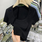 Desire Hot Girls Sexy U-Collar Collarbone Short Navel Chic Blouse Tight Elastic Short-Sleeved T-Shirt Women's Summer Ins Trend-Outfit