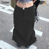 Fashion Low Waist Solid Long Skirt Y2k Women High Waist Retro Ruched Cargo Skirts Long Slit Tech Outfits