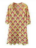 BOHO Geometric Rhombus Plaid Hand Crochet Half Flare Sleeve Dress Vintage Women Lapel Irregular Hem Mini Robe Holiday-Outfit
