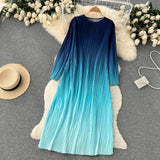 Autumn Vintage Women Draped Dress Elegant Round Neck Long Sleeve Loose Pleated Robe Female Casual Gradient Vestidos New