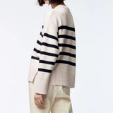 Graduation party Horizontal Striped White Sweater Stand Collar Batwing Sleeve Female Casual Loose-fitting