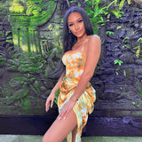 Tie Dye Ruched Women Midi Dress Strap Bodycon Bandage Slit Sexy Elegant Dresses Summer Sundress Streetwear New