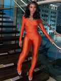 Sexy Skinny Solid Two Piece Set Women Fashion Cross V-neck Long Sleeve Tops+ High Waist Floor Length Trousers Street Suit-Outfit