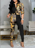 Classic Print Retro Knotted Blouse and Pants